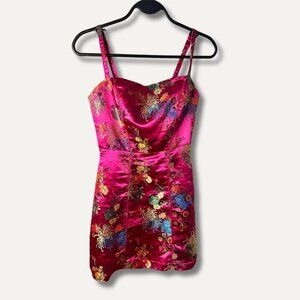 Urban Outfitters Floral Brocade Satin Mini Dress – Fuchsia Multicolor, Size Smal